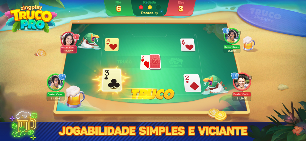 Truco ZingPlay - Jugabilidad de Truco ZingPlay mostrando una partida de cartas en línea con jugadores en un fondo temático de playa