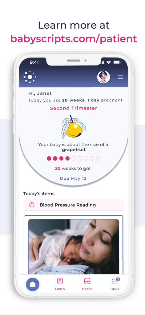 Babyscripts myJourney - Interface de l'application Babyscripts myJourney montrant la progression de la grossesse et la comparaison de la taille du bébé