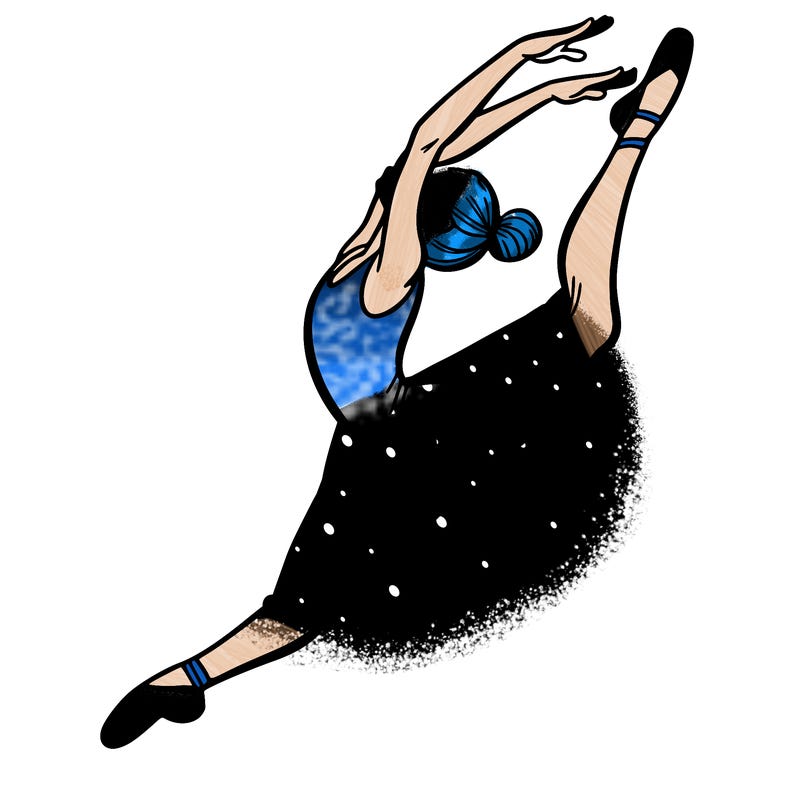 gymnast doing a leap in a leotard with a bent back leg