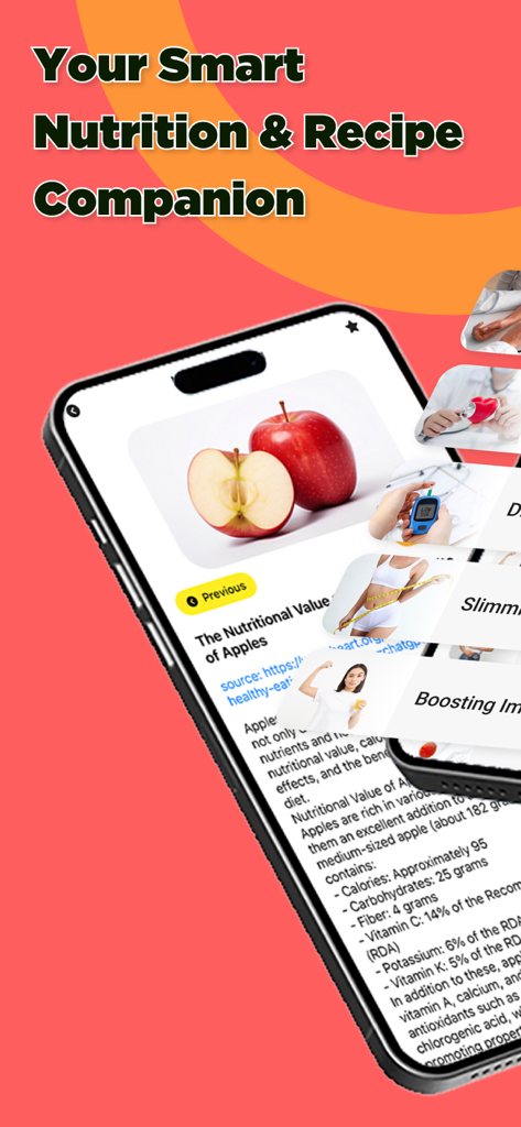 NutriGauge - NutriGauge app interface showing the nutritional breakdown of an apple with calories and vitamins