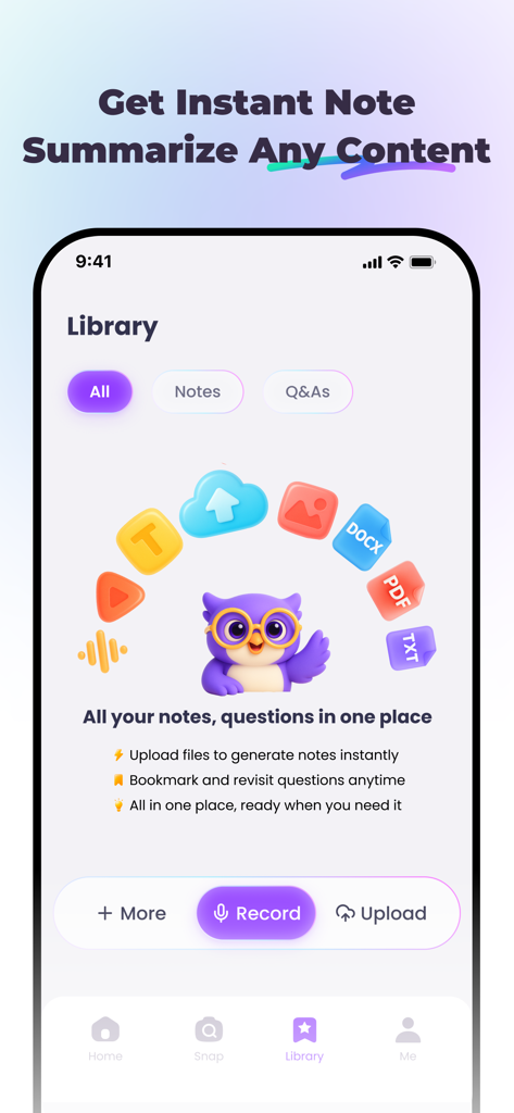 StudyX app library screen showing note summarization and study organization features.
