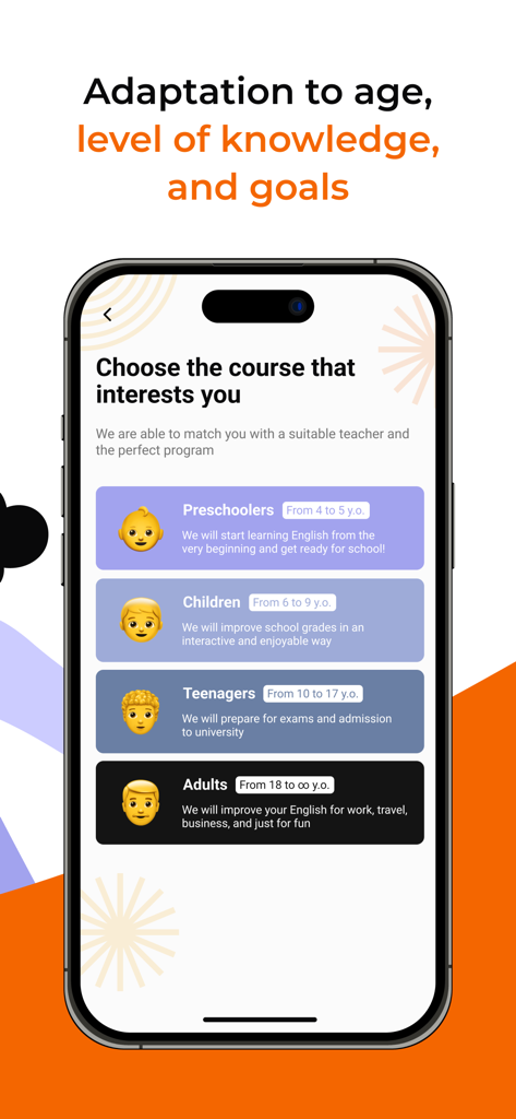 JustSchool - English Online - Tela de seleção de cursos de inglês para diferentes grupos de idade no aplicativo JustSchool