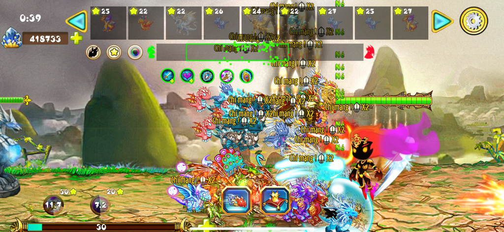 Action-packed gameplay of Đảo Rồng Mobile showing diverse dragon warriors engaged in a strategic battle with critical hit indicators.