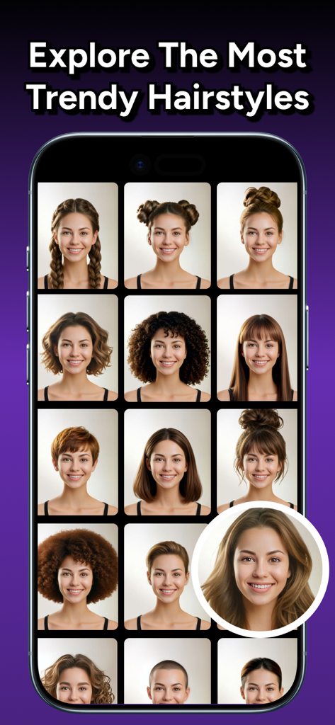 Mobile app screen displaying a grid of different trendy hairstyles for virtual try-on using AI
