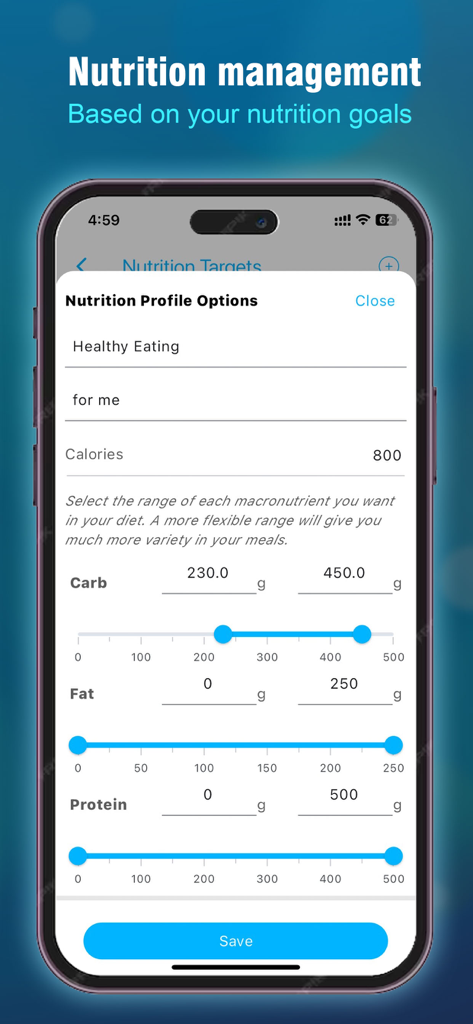 Meal Planner – Eating well - Configurando metas nutricionais para calorias e macronutrientes no aplicativo Planejador de Refeições