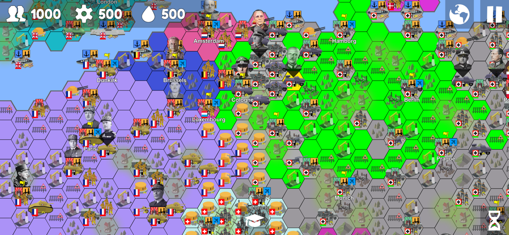 Armchair Commander - Hex-based World War II strategy gameplay map showing Europe with historical generals and units