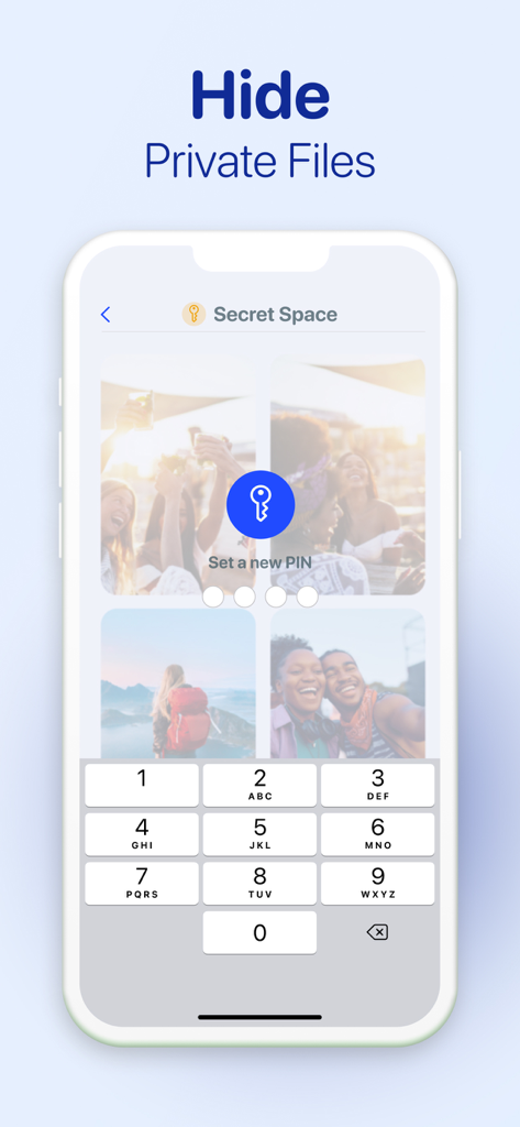 AI Cleaner app screen showing a PIN setup to hide private files in a secure storage vault