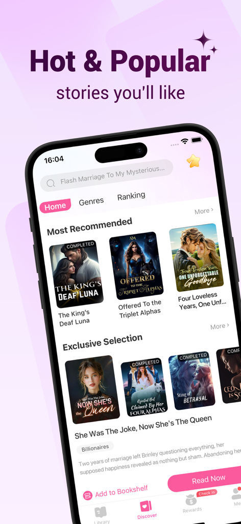 MoboReader app screen showing recommended romance novels and web stories
