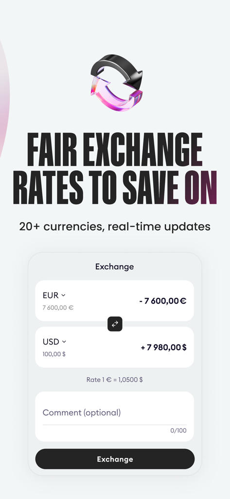 Ein Bildschirm aus der Finom-App, der den Echtzeit-Währungsumtausch zwischen Euro und US-Dollar zu fairen Kursen zeigt.