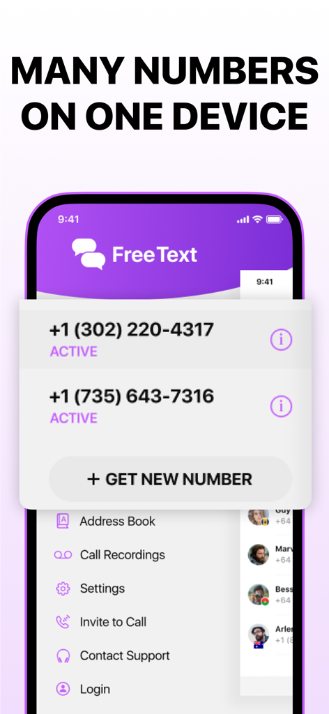 A mobile app screen showing multiple virtual phone numbers active on one device
