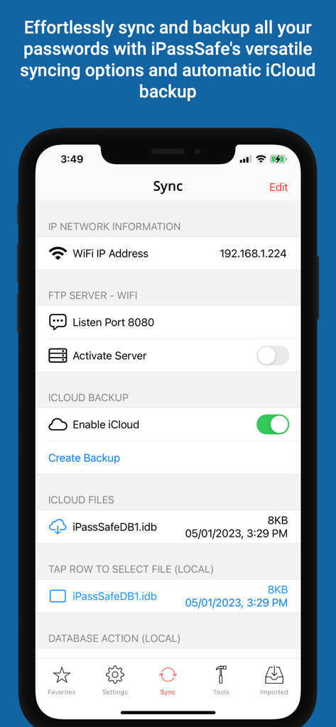 Password Manager iPassSafe . - iPassSafe app interface showing sync options including iCloud backup and FTP server settings
