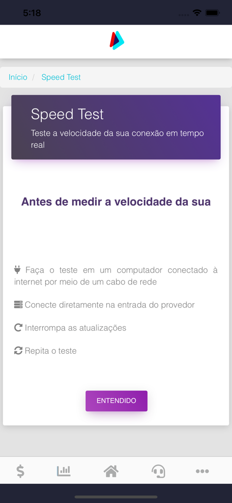 Pantalla de instrucciones de prueba de velocidad en la aplicación móvil Provale Telecom