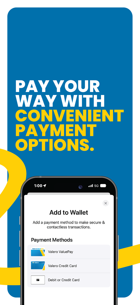 ValeroPay+ - A smartphone showing the ValeroPay plus app screen to add payment methods like Valero ValuePay and credit cards to a mobile wallet