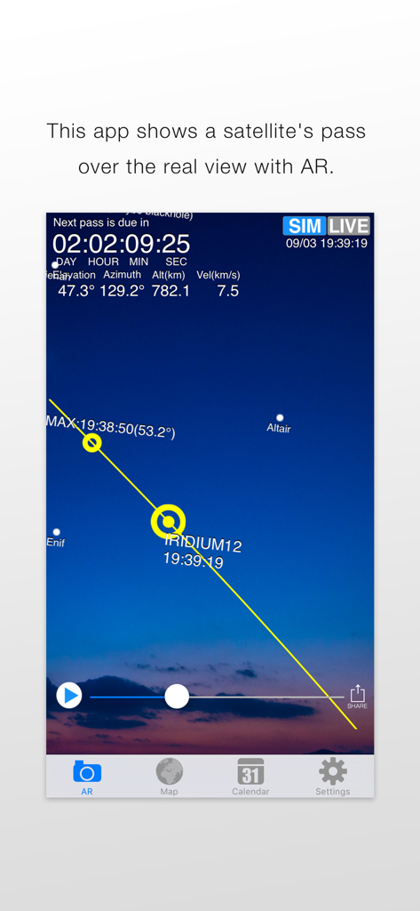 SpaceStationAR - Augmented reality view of a satellite path over the night sky in the SpaceStationAR app