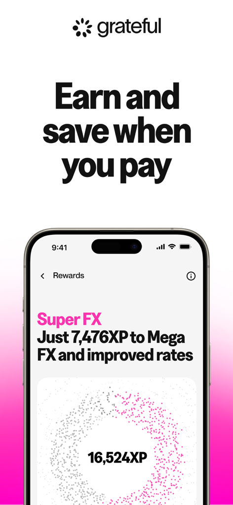 Pantalla de recompensas de la aplicación Grateful que muestra puntos XP y el progreso hacia mejores tipos de cambio.