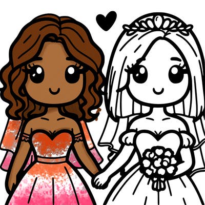 two girls getting married one with curly hair and the other with straight hair