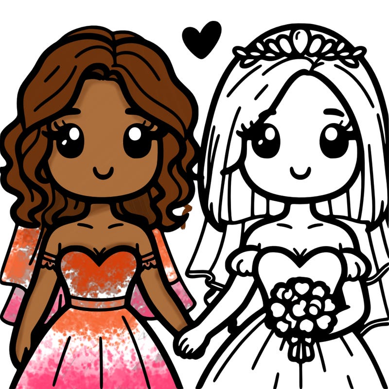 two girls getting married one with curly hair and the other with straight hair