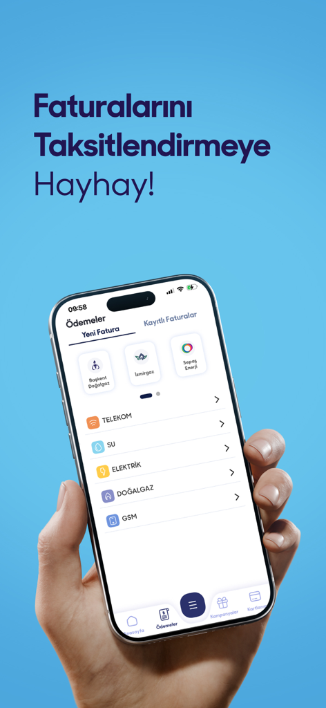Hayhay Cüzdan & Fatura Ödeme - A hand holding a smartphone displaying the Hayhay app interface for paying Turkish utility bills including gas water and electricity
