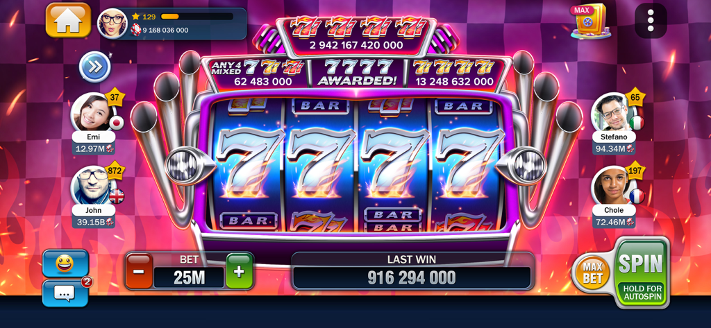 Billionaire Casino Slots 777 - 핫로드 스타일의 777 슬롯 머신과 소셜 플레이어 아바타를 보여주는 빌리어네어 카지노 슬롯 777 게임 플레이.