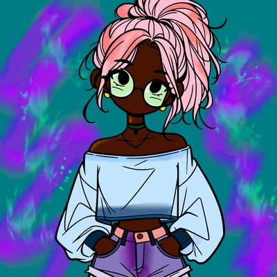 girl with a messy ponytail glasses a baggy crop top and jean shorts