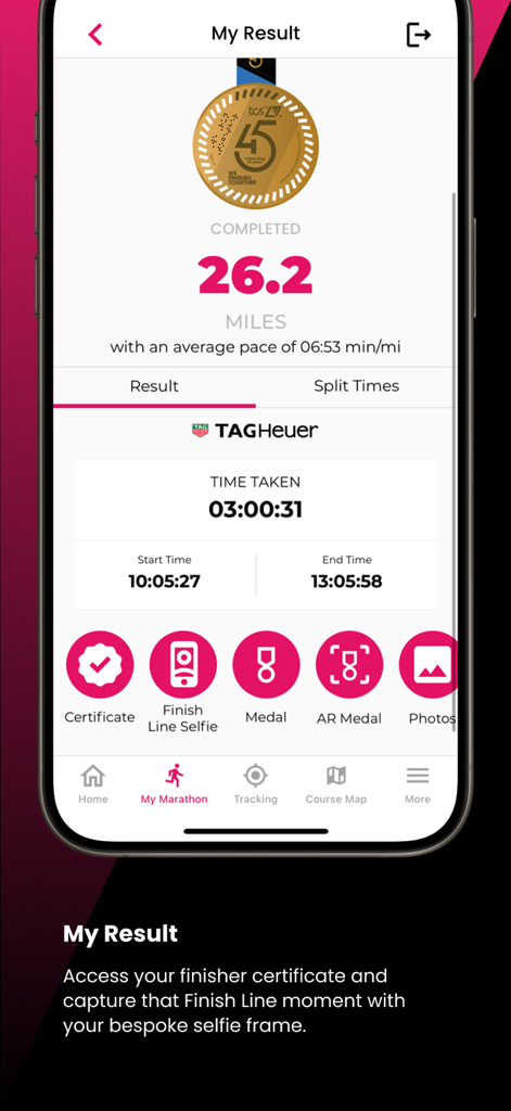 Bildschirm mit den Ergebnissen des TCS London Marathon 2025 mit Rennstatistiken und Optionen für Finisher-Zertifikate