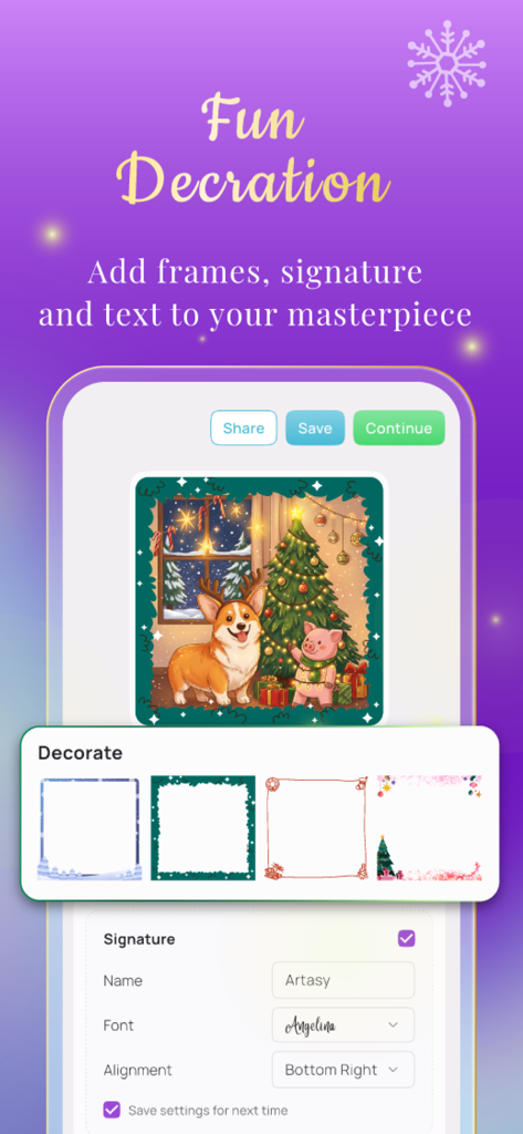 Adult Coloring Book - Artasy - Interfaz de la aplicación Artasy que muestra opciones de personalización para agregar marcos festivos y firmas a las páginas para colorear