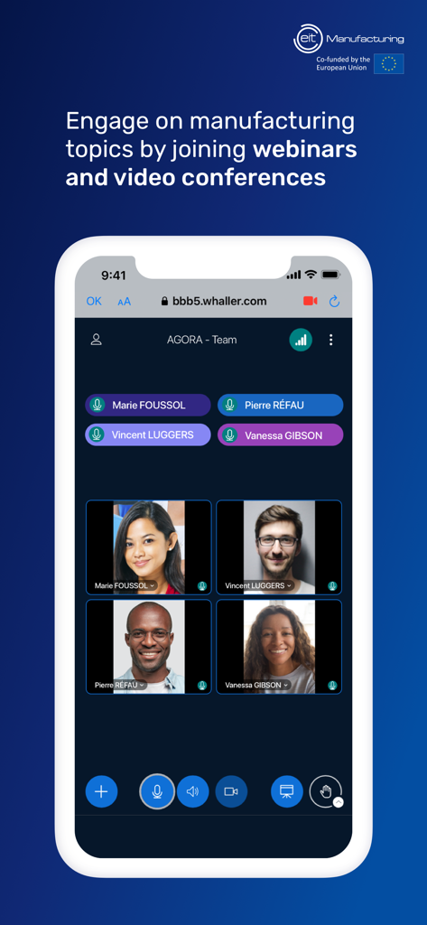 AGORA by EIT Manufacturing - Pantalla de smartphone mostrando una videoconferencia a cuatro bandas dentro de la interfaz de la app AGORA de EIT Manufacturing