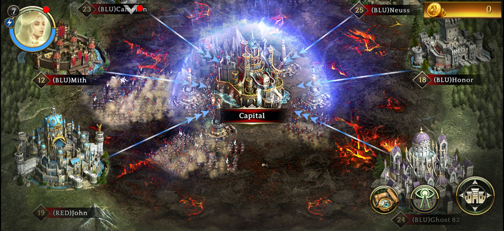 A large scale alliance siege on a capital fortress in the mobile strategy game Rise of Firstborn.