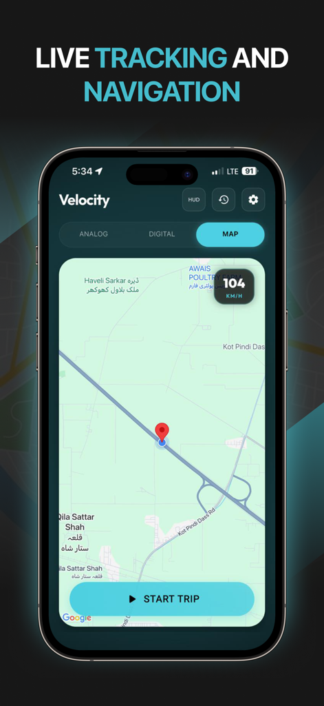 Interfaz de la aplicación Speedometer mostrando seguimiento GPS en vivo y navegación en un mapa con la velocidad actual.