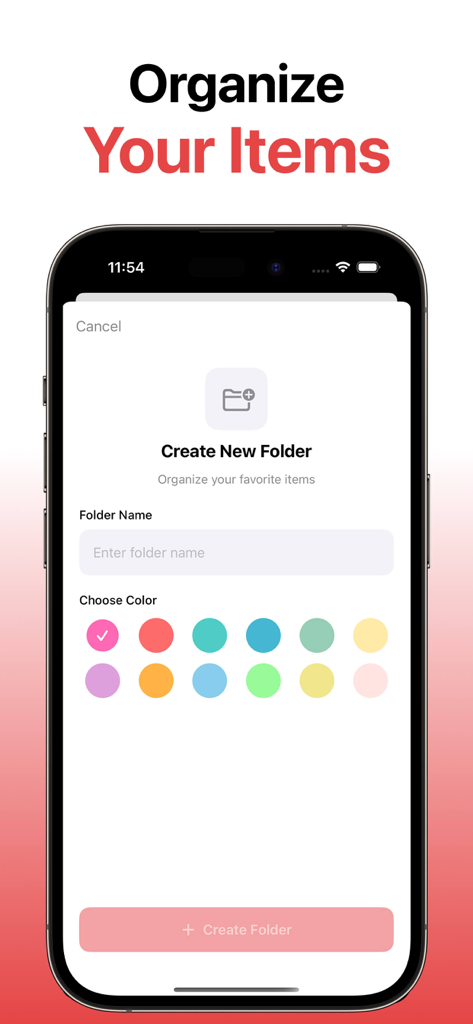 In Stock Alert - Smartphone screen showing a 'Create New Folder' interface with color-coding options to organize favorite items in the In Stock Alert app.