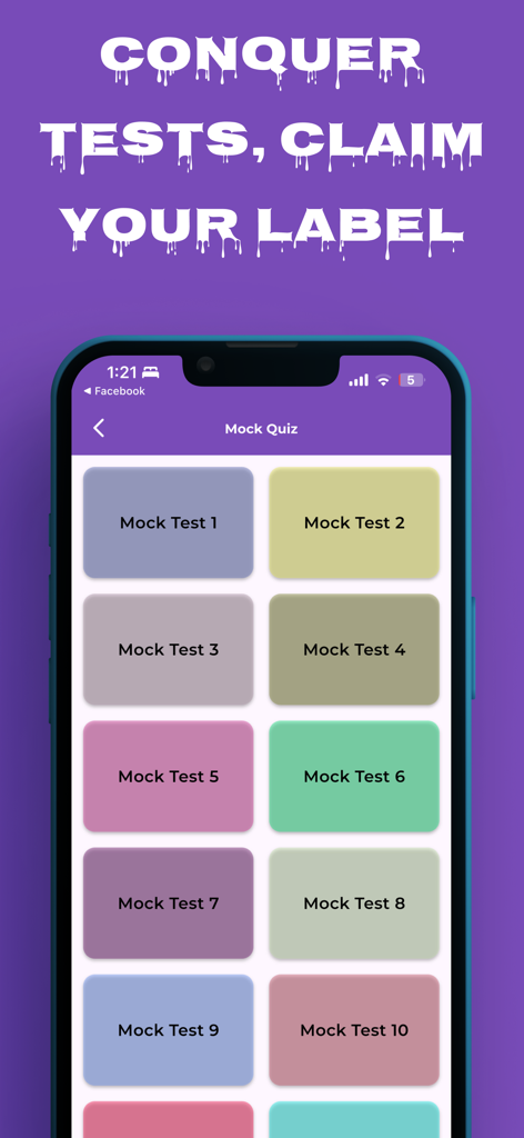 Respiratory Therapist NBRC - Tela de um smartphone exibindo dez opções diferentes de testes simulados dentro do aplicativo de preparação para o exame NBRC de Terapeuta Respiratório.