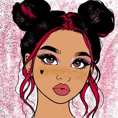 realistic girl with two buns on her hair and lips