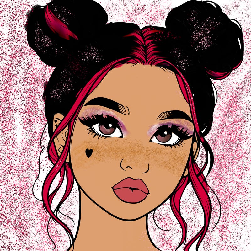 realistic girl with two buns on her hair and lips