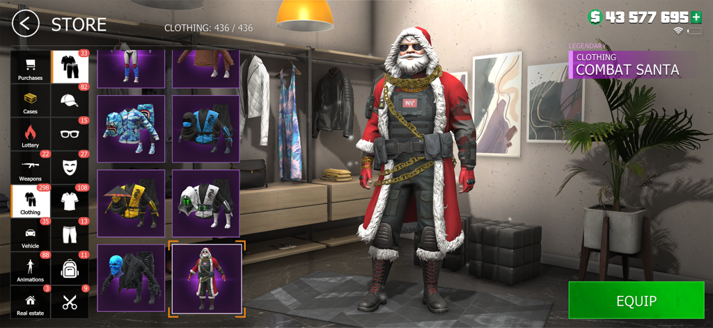 Grand Criminal Online: Heists - Menú de personalización de personajes que presenta un atuendo legendario de Combat Santa en Grand Criminal Online.