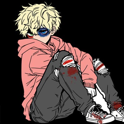 a male hoddie ripped jeans messy hair anime