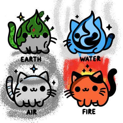 4 cats that represent the different elements, earth, water, air, and fire