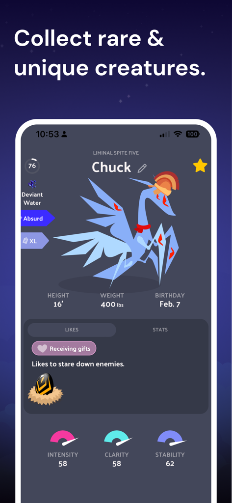 Voidpet Garden: Mental Health - 強さ、明瞭さ、安定性に関するメンタルヘルスの統計を持つ、Chuckという名前の珍しい青いファンタジークリーチャーを表示する画面