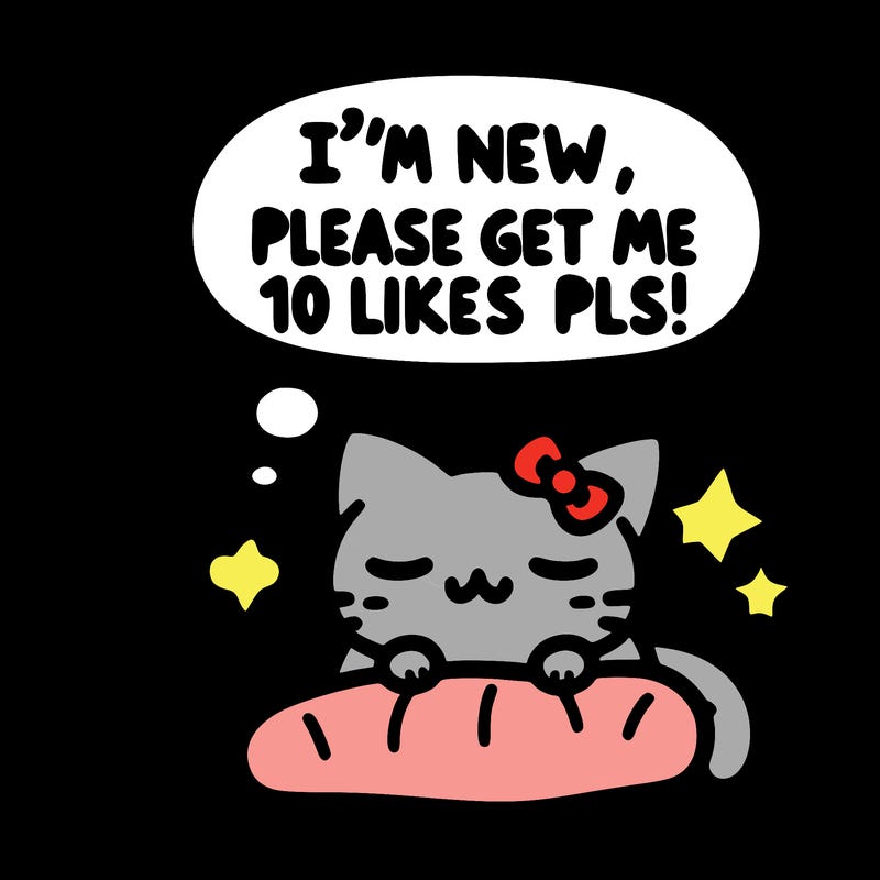 kitty taking a nap dream talking and saying "i'm new, please get me at least 10 likes pls!!"