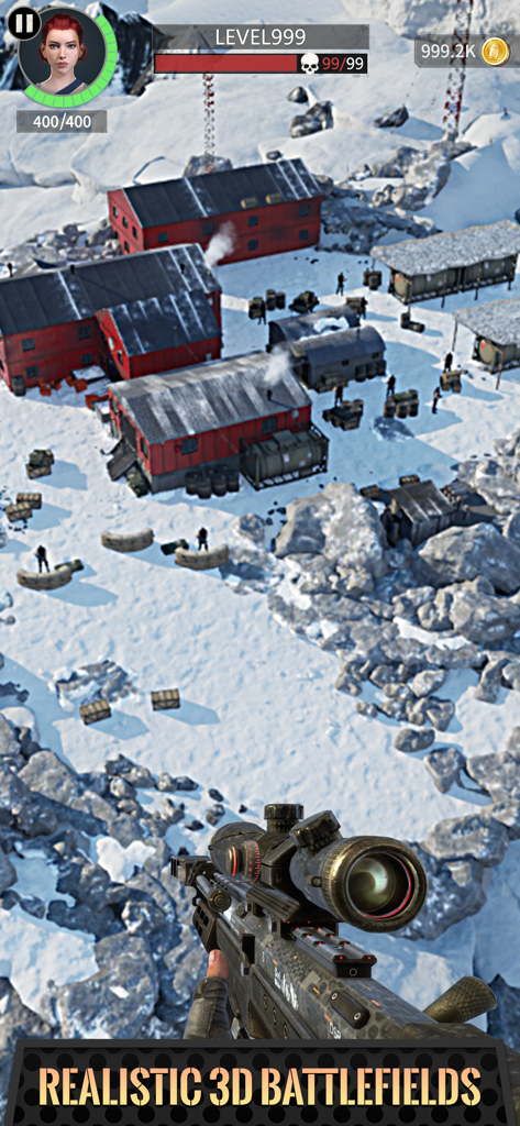 3D Modern Sniper - Vista en primera persona de un rifle de francotirador apuntando a una base militar nevada.