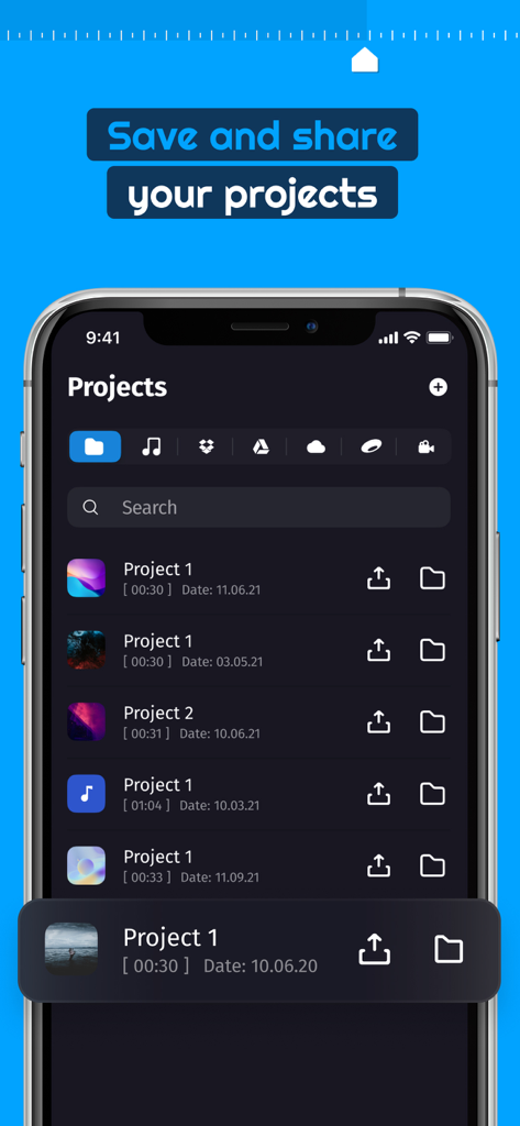 Audio Lab: Music,Voice Editor - Smartphone screen showing the projects list in Audio Lab Music and Voice Editor app