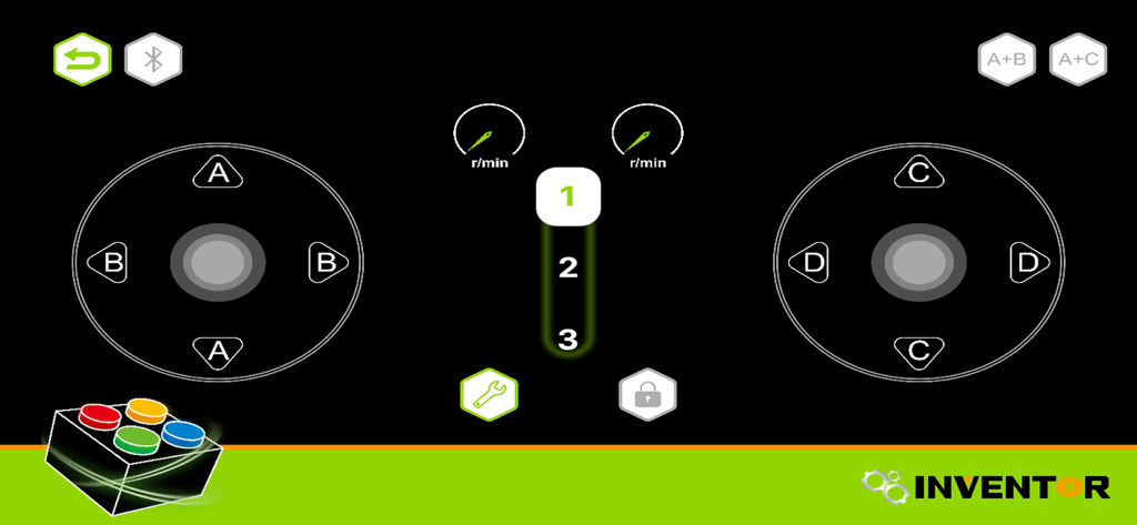 XP Block app remote control interface featuring digital joysticks and RPM gauges for STEM robotics.
