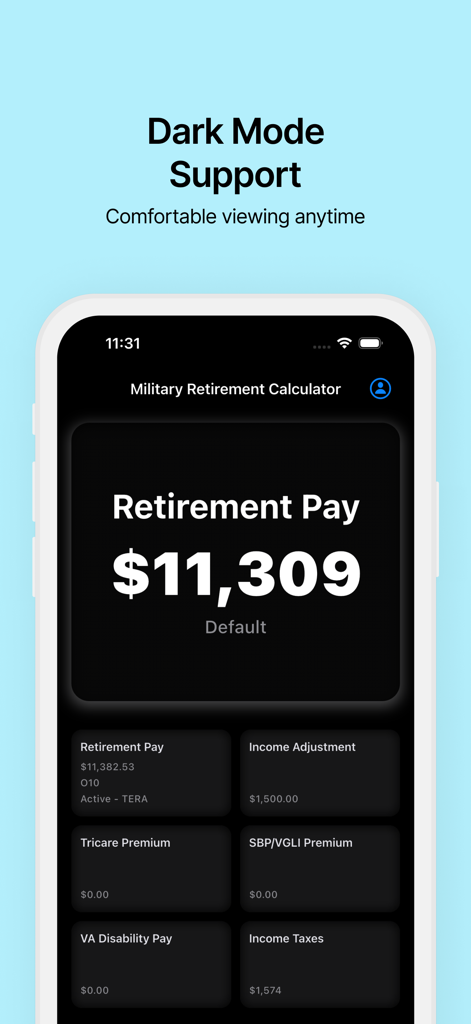 Military Retirement Calculator - Military Retirement Calculator app interface showing retirement pay in dark mode