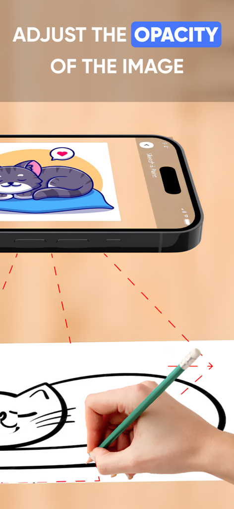 Personne traçant un croquis de chat sur papier à l'aide de l'application AR Drawing avec réglage de l'opacité