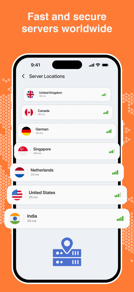Dns Browsec VPN  Speedify - Interfaz de la aplicación North Star VPN mostrando una lista de ubicaciones de servidores globales, incluyendo EE. UU., Reino Unido y Canadá, con indicadores de baja latencia.
