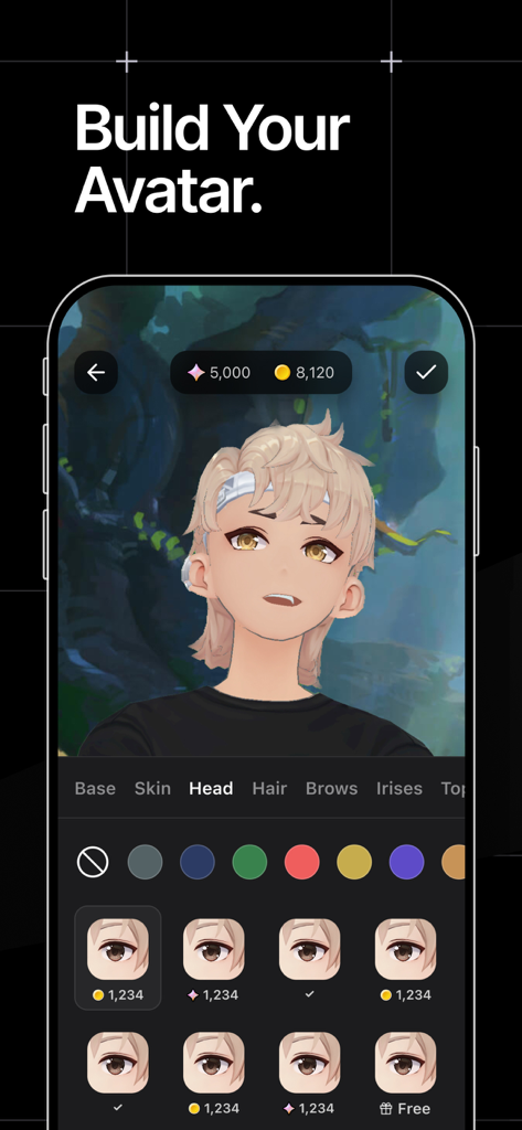 Hyper: VTuber Studio - Una pantalla móvil que muestra el creador de avatares en Hyper VTuber Studio con opciones de personajes de anime.