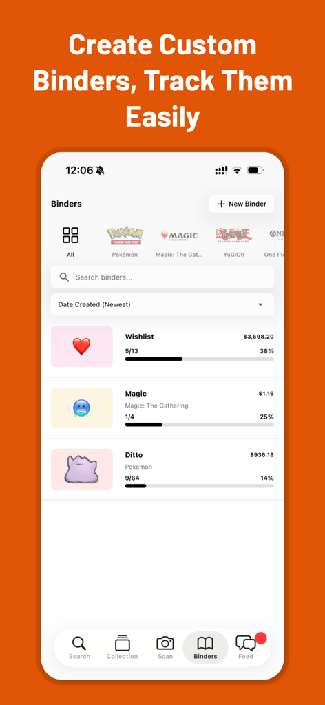 TCG Card Scanner - Pulio - The Pulio app interface displaying custom trading card binders with progress bars and collection value tracking.