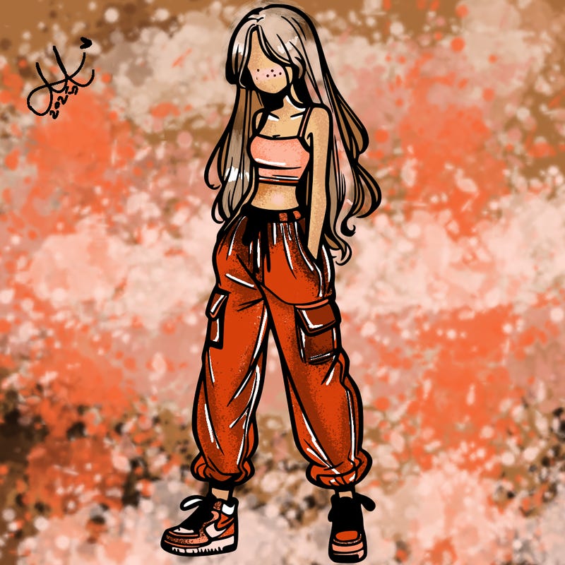 girl in baggy pants crop top and long hair