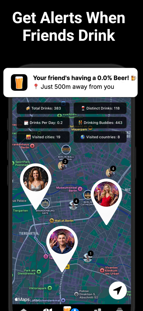 Beer Buddy - Friends Alerts - Beer Buddy app interface showing a live map of friends locations and drink notifications.
