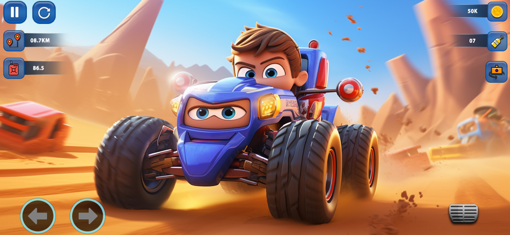 Beach Car: Buggy Racing Games - ゲームインターフェースのある砂漠のレーシングトラックで、大きな目をした漫画の少年が青いバギーを運転している