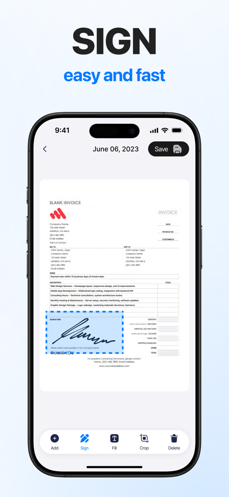 eSign: Fill, Sign Documents - Una pantalla de iPhone que muestra una firma digital añadiéndose a una factura profesional dentro de la aplicación eSign.